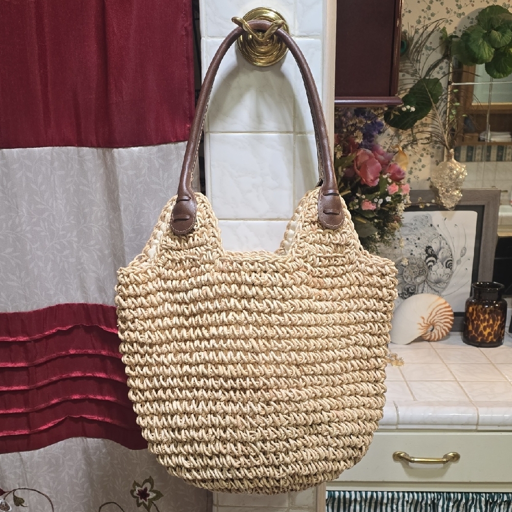 Charter Club Natural Woven Straw Tote with Brown Handles